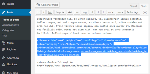 Figura – Inserção do código gerado pelo SoundClound em uma página/Post
