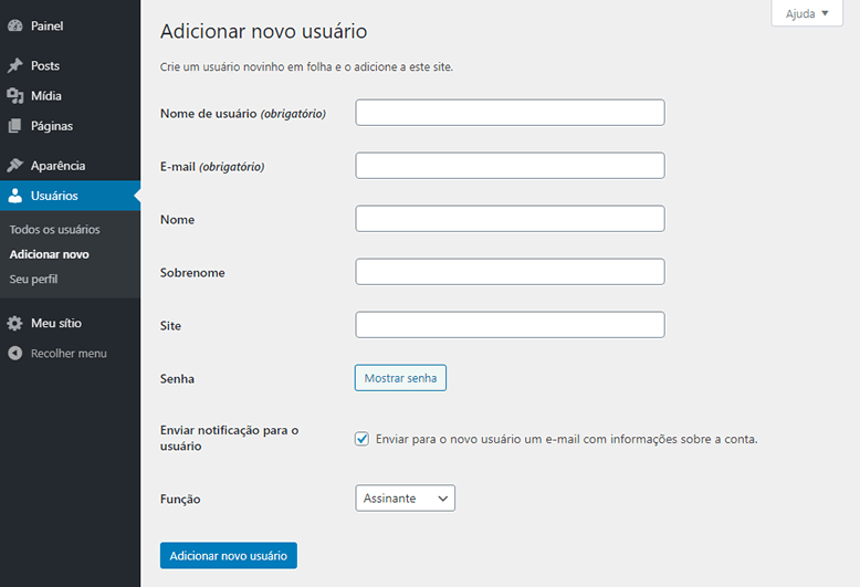 Figura - Criando novo usuário para o sítio